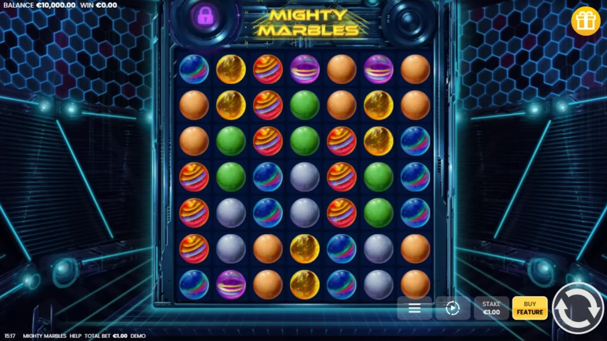 Isang makulay na grid ng Mighty Marbles slot na may neon na disenyo